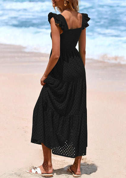 Womens Summer Square Neck Maxi Dresses Cap Sleeve Eyelet Smocked Tiered A Line Flowy Long Dress with Pockets