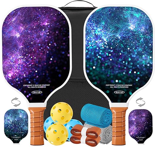 Pickleball Paddles Set of 2 Super Value Set with 2 Pickleball Fiberglass Rackets 4 Balls 2 Pickleball Grip Tapes 2 Sports Towels 1 Pickleball Bag Outdoor Gift for Beginners Family Friends