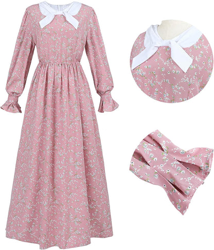 LTAKK Colonial Dress Women Prairie Pioneer Costume | Floral Dresses with Apron, Bonnet for Civil War, Revolutionary War Dress-Up, Pilgrim, Historical Reenactment, Amish Outfit