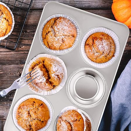 E-far Muffin Pan Set of 2, Stainless Steel Muffin Pan Tin for Baking, 6-Cup Metal Cupcake Pan Tray, Non-toxic  Healthy, Oven  Dishwasher Safe, Regular Size - 11.44 x 7.12 x 1.25 inch