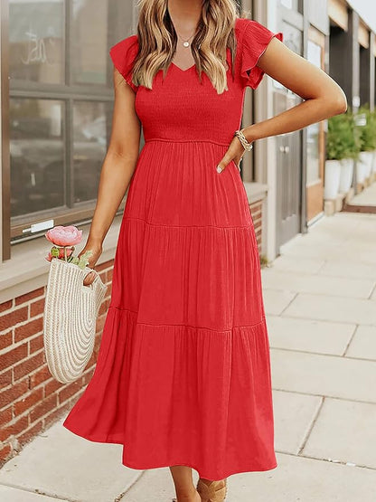 MEROKEETY Women's Flutter Sleeve Smocked Midi Dress V Neck Casual Tiered Dresses with Pockets