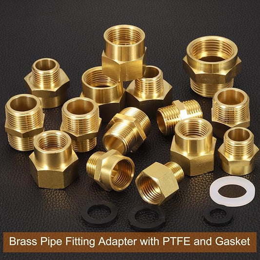 uxcell Brass Pipe Fitting, 1" G Female?o1" NPT Male Brass Hex Nipple Pipe Fitting Connector, 1" to 1" Female Pipe Fitting Adapter with PTFE and Gaskets, Gold Tone