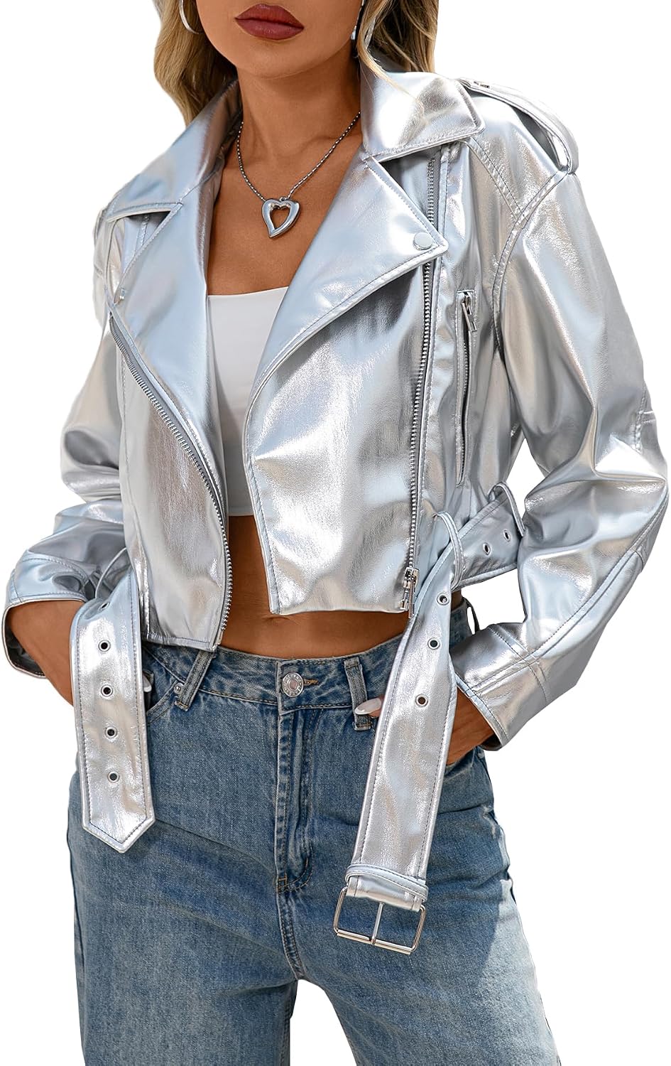 LY VAREY LIN Women Faux Leather Cropped Jacket Vegan Motor Biker Coat with Belt