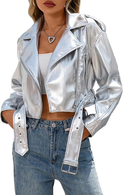 LY VAREY LIN Women Faux Leather Cropped Jacket Vegan Motor Biker Coat with Belt