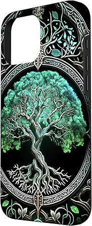 iPhone 16 Pro Max Tree Of Life Yoga Spiritual Celtic Viking Green Black Case