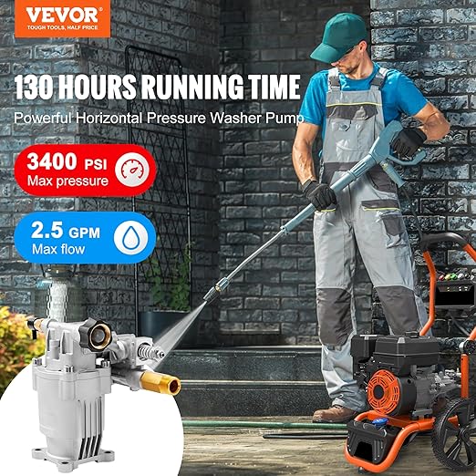 VEVOR Pressure Washer Pump, 34" Shaft Horizontal, 2500-3400PSI, 2.5 GPM, Replacement Power Washer Pumps, Parts Washer Pump, Compatible with Honda, Simpson, RYOBI, Briggs  Stratton, Subaru, Craftsman
