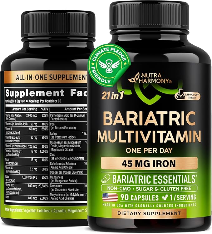 Bariatric Multivitamin - 45 mg Iron Supplements - Made in USA - for Women  Men - All-in-One, 21 Essential Vitamins - Gastric Sleeve Support - Free of Sugar, Gluten  Soy - 90 Capsules, Once Daily