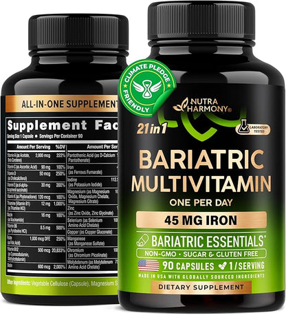 Bariatric Multivitamin - 45 mg Iron Supplements - Made in USA - for Women  Men - All-in-One, 21 Essential Vitamins - Gastric Sleeve Support - Free of Sugar, Gluten  Soy - 90 Capsules, Once Daily