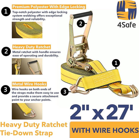 Heavy Duty Ratchet Tie Down (1 PK) 2" x 27' 3333 LBS Working Load, 10000 LBS Break Strength a Double J Hook Ratchet Straps Perfect for Moving Appliances, Lawn Equipment and Motorcycles