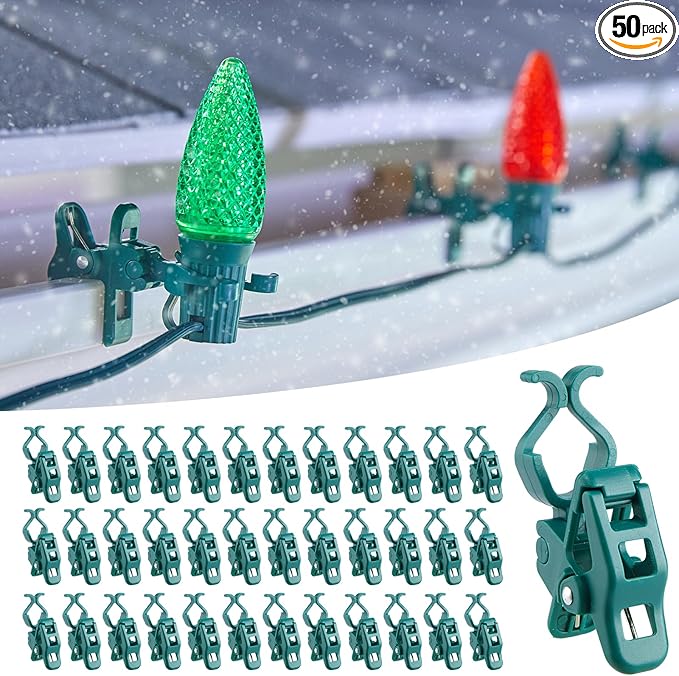 Minetom C7 C9 Christmas Light Clips Outdoor, 50 Count Universal Quick Christmas Light Spring Clips for Outside Roof Gutter Shingle Fence E12 E17 Base