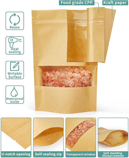 FireKylin 100 Pcs Kraft Paper Bags with Window, 7.1" x 10.2" Stand Up Pouches Bags, Zip Lock Food Storage Bags for Packaging Products, Reusable, Sealable