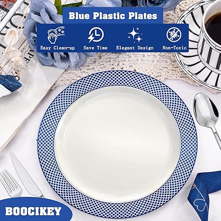 Blue Plastic Plates,7.5 Inch Blue Dessert Plates,White with Blue Rim Premium Plastic Appetizer PlatesSmall Cake Plates for Weddings Easter Graduations Party