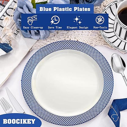 Blue Plastic Plates,7.5 Inch Blue Dessert Plates,White with Blue Rim Premium Plastic Appetizer PlatesSmall Cake Plates for Weddings Easter Graduations Party