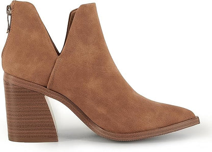 Kathemoi Womens Slip on Ankle Boots V Cutout Pointed Toe Chunky Stacked Mid Heel Booties