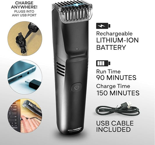Vacutrim Cordless Body Shaver for Men, Rechargeable Grooming Tool with 20 Trim Settings, Integrated Vacuum System - Black, 7.5", As Seen On TV