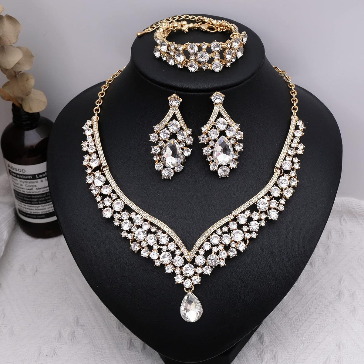 Women's Statement Necklace Earrings Link Bracelet Set for Bride Austrian Crystal Wedding Bridal Costume Jewelry Sets