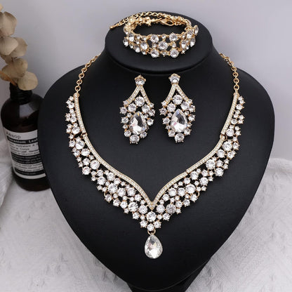 Women's Statement Necklace Earrings Link Bracelet Set for Bride Austrian Crystal Wedding Bridal Costume Jewelry Sets
