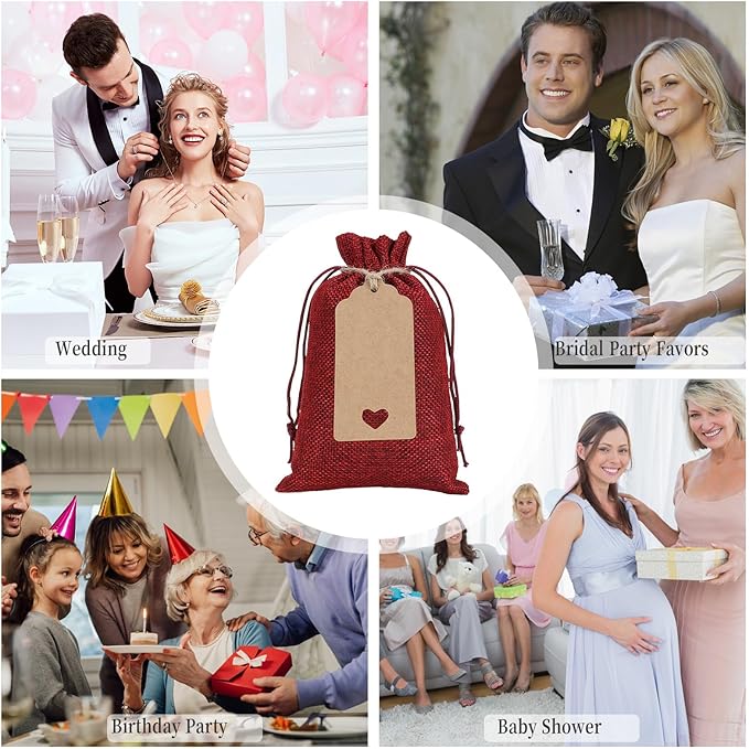 Tapleap Burlap Gift Bags with Drawstring, 4 x 6 inches Favor Sacks (Lot of 30) for Kids Class Father's Day, Birthday, Wedding, Party or Household Use(Red)