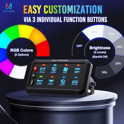 MICTUNING P1B RGB 8 Gang Switch Panel, Multifunction Toggle Momentary Flash Strobe Pulsed Switch Pod with Backlit Off, 5-Level Brightness Circuit Control Relay System Box for Truck RV Offroad Marine