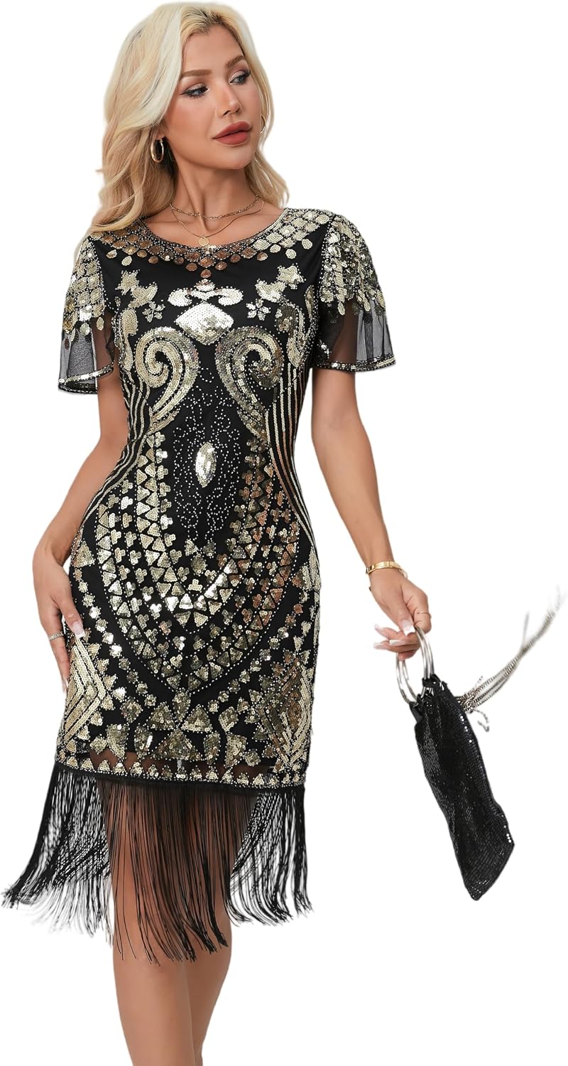 1920s Gatsby Flapper Dress Sequin Beaded Tassel Vintage Evening Gown