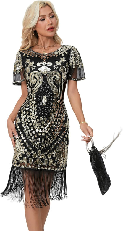 1920s Gatsby Flapper Dress Sequin Beaded Tassel Vintage Evening Gown