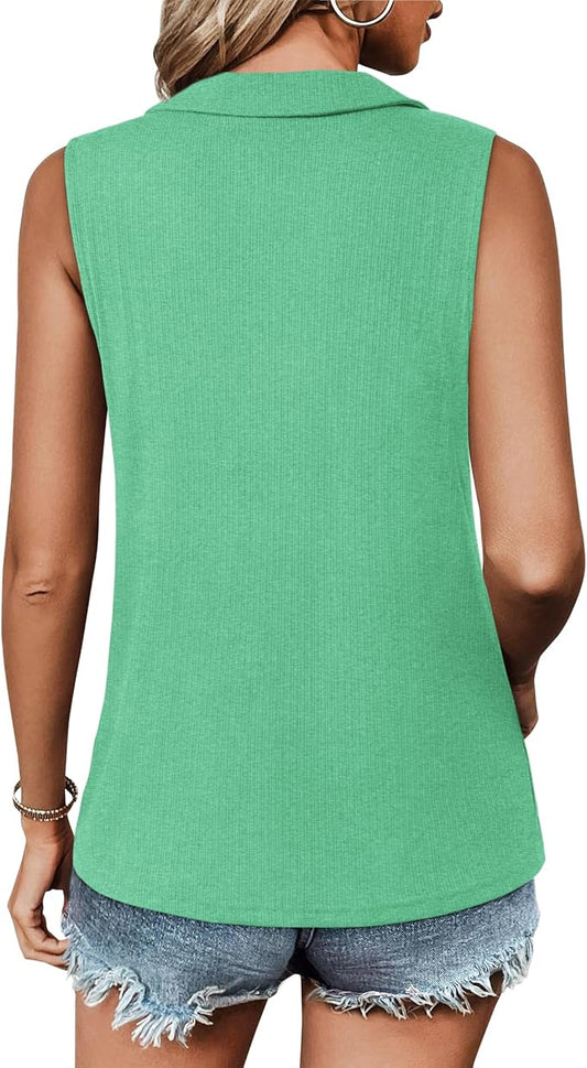 Vivilli Womens Ribbed Tank Top Zipper V Neck Dressy Casual Blouses Sleeveless Camisole Tops Work Tank Polo Shirts