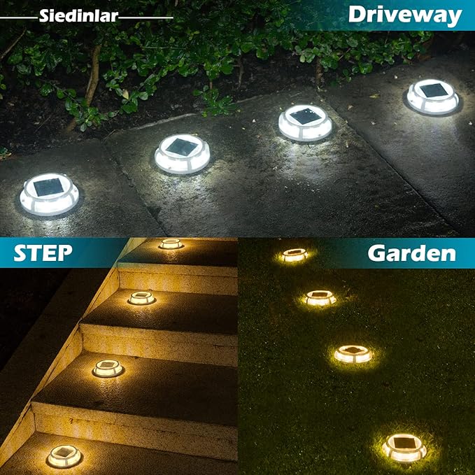 SIEDiNLAR Solar Deck Lights Outdoor 2 Modes 16 LEDs Driveway Markers Dock Light Solar Powered Waterproof for Ground Step Pathway Walkway Stair Garden Road Yard 4 Pack (Cool WhiteWarm White)