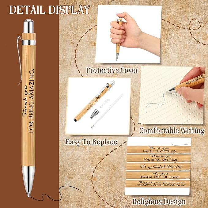 Fuutreo 30 Pcs Inspirational Bamboo Pens Thank You Wood Ballpoint Pens Graduation Employee Appreciation Gift Motivational for Office Volunteer Teacher Nurse Coworker School Black Ink, 10 Styles