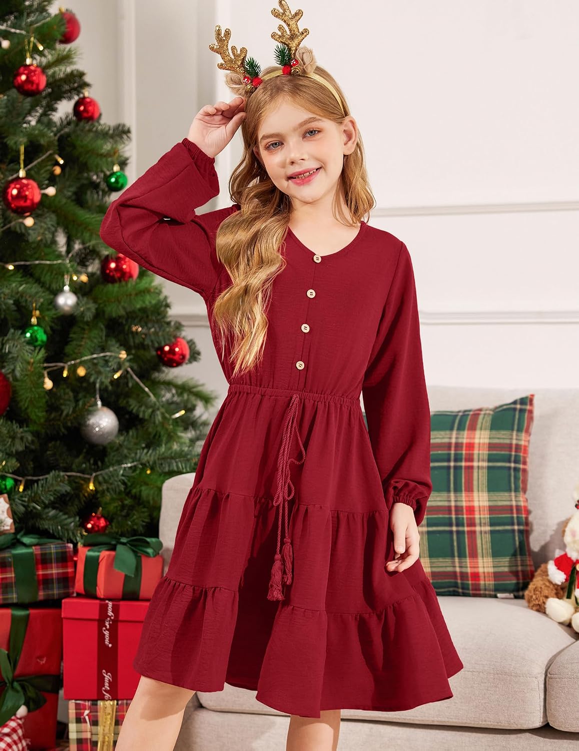 Arshiner Tween Girls Dresses Fall Long Sleeve V Neck Waist Tie Ruffle Tiered Swing Skater Dress