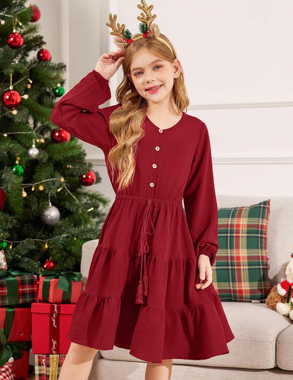Arshiner Tween Girls Dresses Fall Long Sleeve V Neck Waist Tie Ruffle Tiered Swing Skater Dress