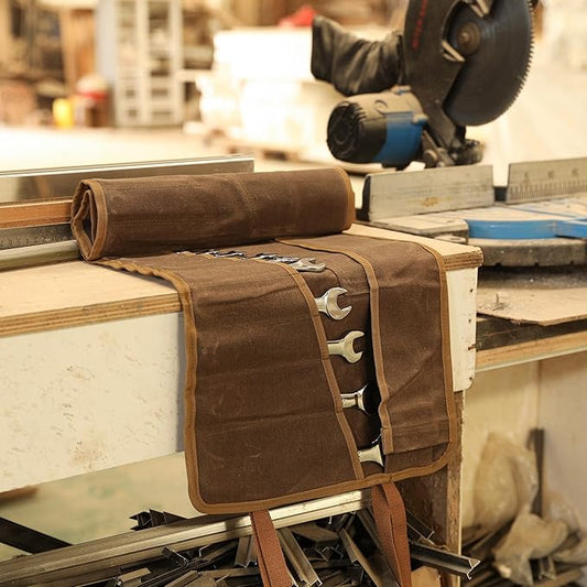 Tool Roll, Wrench Organizer Roll Up Tool Pouch with 24 Pockets  Durable Waxed Canvas 16 OZ Portable Tool Storage Carrier Bag(33.5 X 13.5 IN  Brown)