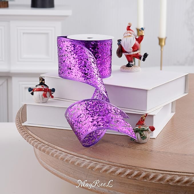 MAYREEL 2.5 Inch Purple Mesh Wired Halloween Ribbon Metallic Sequin Glitter Web for Christmas Tree Gift Wrapping Crafts Topper Bows Wreaths Holiday Decor Garland 10 Yards
