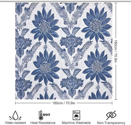Curtain Shower Indigo Blue Trellis Bathroom Shower Curtain for Bathroom Decor Accessories Chinoiserie Polyester Fabric Curtain Bathroom Decoration 72" x 72" Machine Washable with Hooks