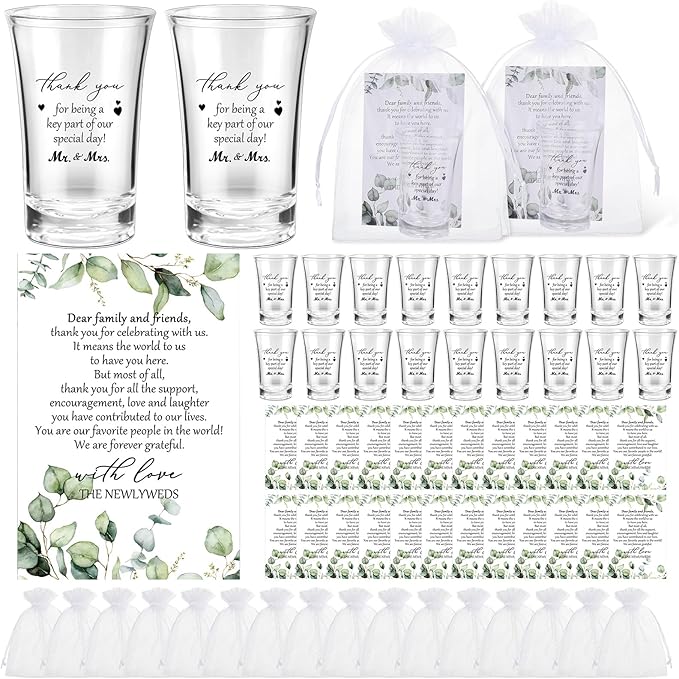 Uiifan 50 Sets Wedding Favors for Guests Wedding Shot Glasses Acrylic Clear Plastic Shot Glass with Thank You Card and Organza Bag for Newlyweds Bridal Shower Party Favors Souvenirs Gifts