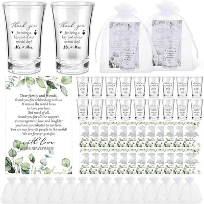 Uiifan 50 Sets Wedding Favors for Guests Wedding Shot Glasses Acrylic Clear Plastic Shot Glass with Thank You Card and Organza Bag for Newlyweds Bridal Shower Party Favors Souvenirs Gifts