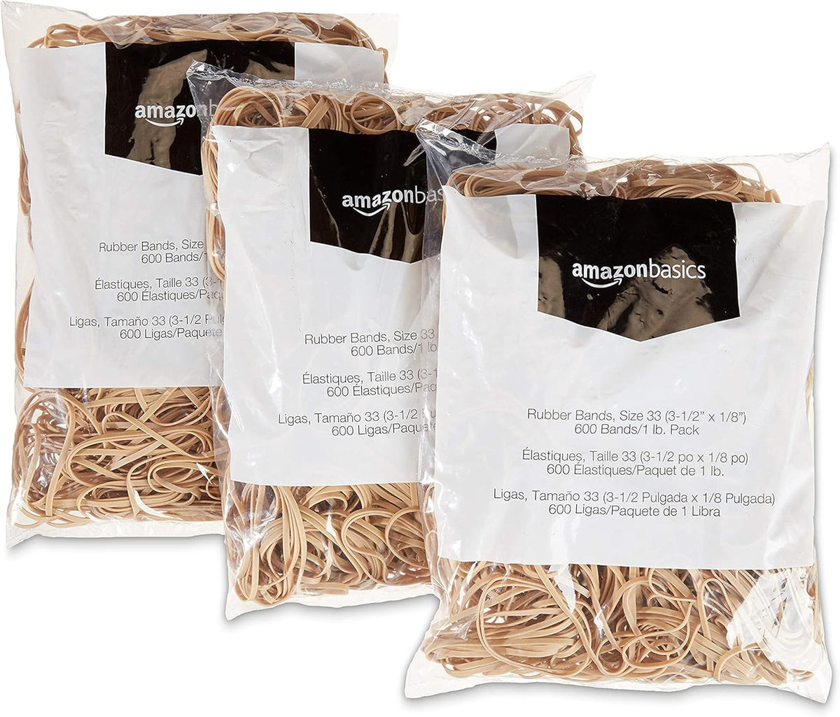 Basics Rubber Bands, Office Supplies, Size 33 (3-1/2 x 1/8 Inch), Stretchy, 600 Bands/1 lb Pack, 3-Pack, Tan