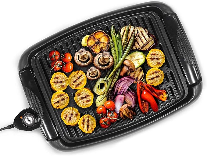 Elite Gourmet EGL-3450 Smokeless Indoor Electric BBQ Grill Dishwasher Safe, Nonstick, Adjustable Temperature, Fast Heat Up, Low-Fat Meals Easy to Clean Design, Black