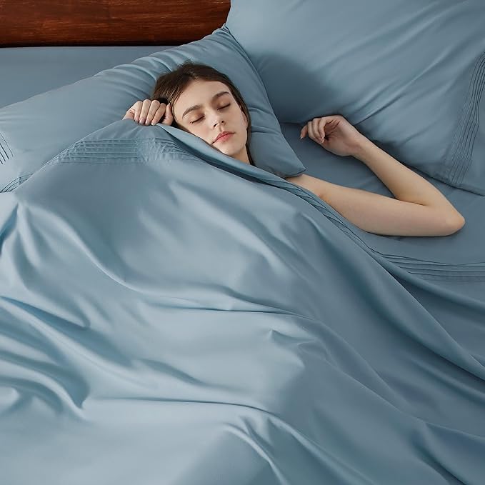 Bedsure Deep Pocket Queen Sheets Set - Fits Mattresses Up to 21 Inches Thick - 4 Piece GentleSoftTM Bed Sheets, Moisture Wicking, Soft  Cooling Bedsheet  Pillowcases, Easy  Secure Fit, Mineral Blue