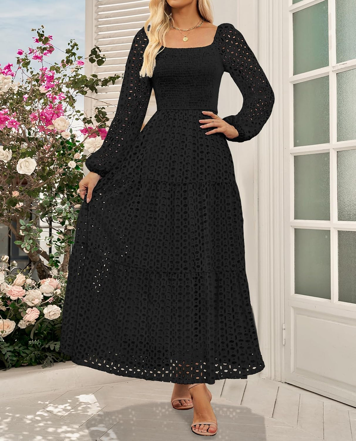 XL, Women's Fall Long Puff Sleeve Maxi Dress Smocked Square Neck Lace Hollow Out Eyelet A Line Boho Flowy Wedding Guest Dresses.
