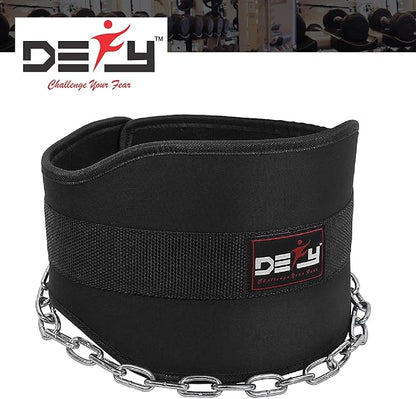 DEFY Dip Belt for Weight Lifting with 36" Steel Chain - 370 lbs weightlifting capacity - Neoprene Gym powerlifting belt for powerlifting & strength training for men & women
