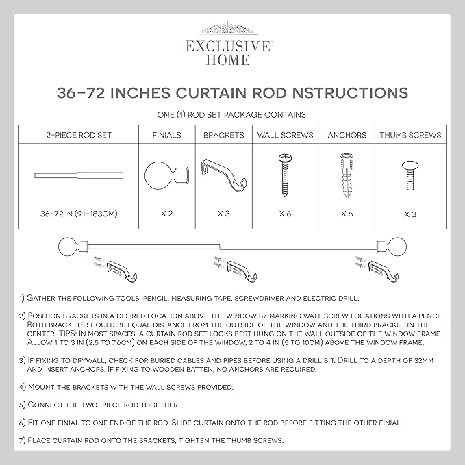 EXCLUSIVE HOME Vine 1" Curtain Rod and Coordinating Finial Set, Matte Silver, Adjustable 36"-72"