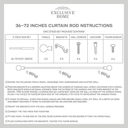 EXCLUSIVE HOME Vine 1" Curtain Rod and Coordinating Finial Set, Matte Silver, Adjustable 36"-72"
