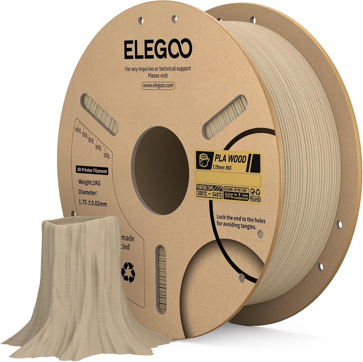 ELEGOO PLA Filament 1.75mm Oak Wood 1KG, Real Wood Flour Added 3D Printer Filament, 1kg Spool(2.2lbs) Fits for Most FDM 3D Printers