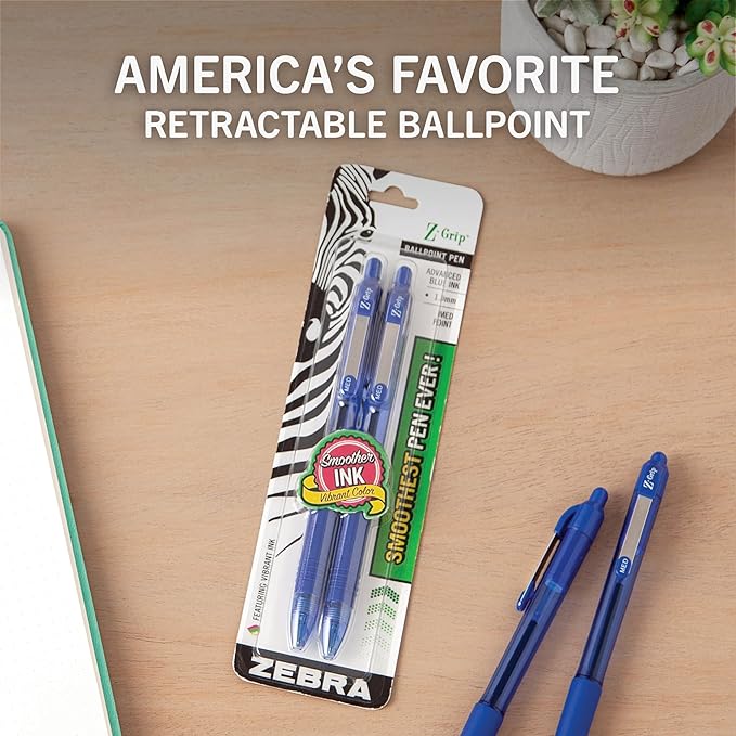 Zebra, Z-Grip Retractable Ballpoint Pen, 1.0mm, Blue, 2 Pack(22222)
