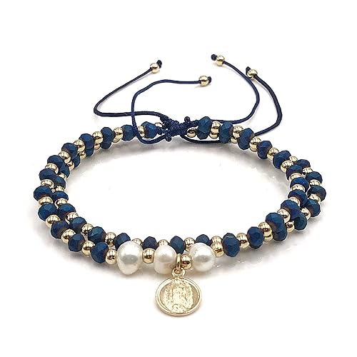 Dainty Pearls Our Lady of Guadalupe Medal Adjustable Set of 2 Bracelets For Women (Blue)