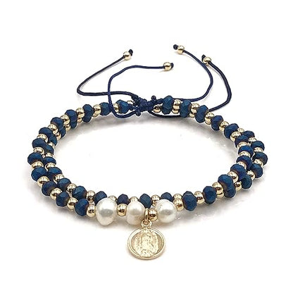 Dainty Pearls Our Lady of Guadalupe Medal Adjustable Set of 2 Bracelets For Women (Blue)