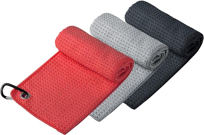 Handy Picks Microfiber Golf Towel (16" X 16") with Carabiner Clip, Waffle Pattern Hook and Loop Fastener - The Convenient Golf Cleaning Towel BlackGreyRed