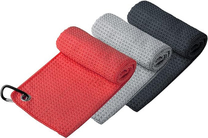 Handy Picks Microfiber Golf Towel (16" X 16") with Carabiner Clip, Waffle Pattern Hook and Loop Fastener - The Convenient Golf Cleaning Towel BlackGreyRed