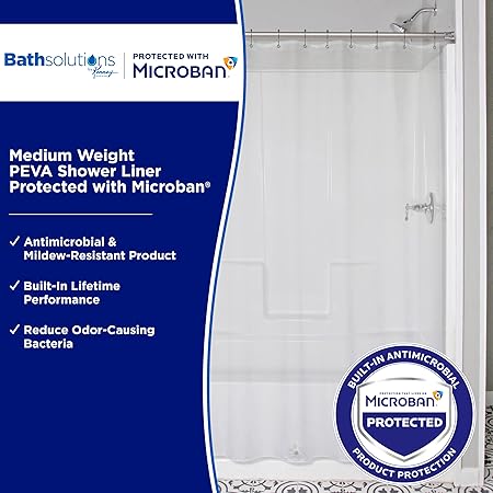 Kenney MB61160 Microban Protected Medium Weight 4.8 Gauge Waterproof PEVA Shower Curtain Liner with Rust-Resistant Metal Grommets and Weighted Magnetic Hem for Bathroom, 70" W x 72" H, Clear, 1-Pack