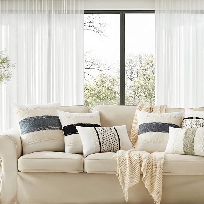 2pk Boho Pillow Covers 22x22, Natural White/Contrast/Navy